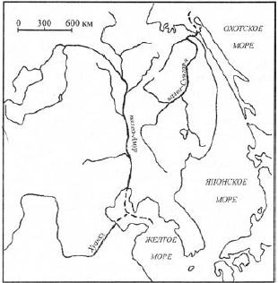 Рисунок предполагаемой речной сети на территории современного бассейна Амура в дочетвертичное время (Махинов, 2006)