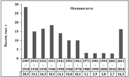 Среднедекадный вылов осенней кеты в Амуре в 1907–2018 гг.