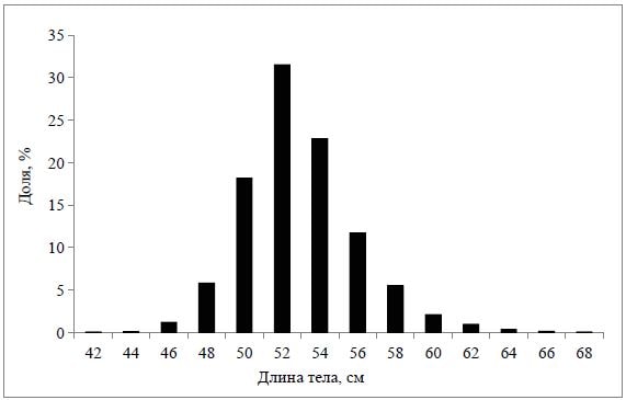 Частота встречаемости (%) амурской летней кеты по длине тела (см). Заездки у устья Амура, 1941 г. N = 8190 экз.